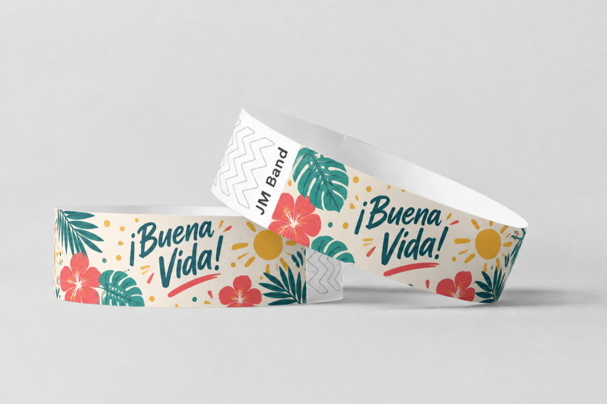 Twee papieren polsbandjes met full colour tropische bloemenprint