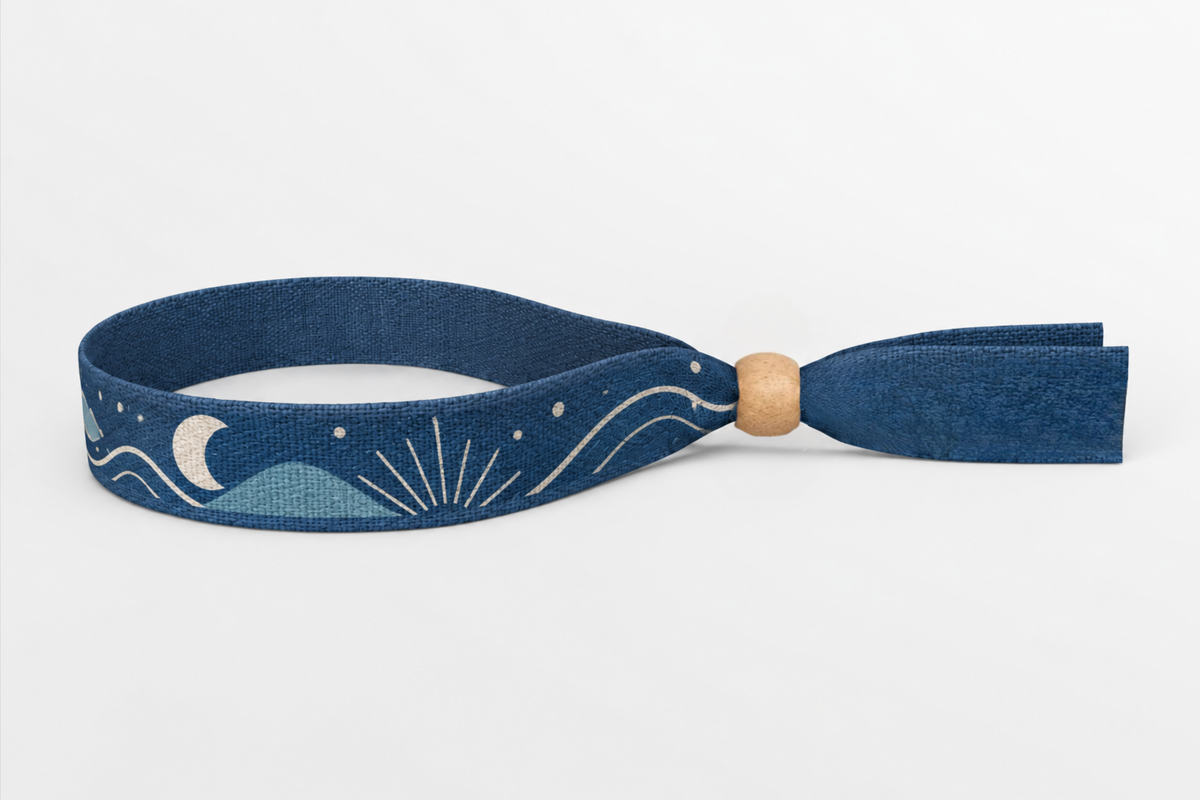 Bracelet en coton bleu marine avec motif lune et vagues imprimé