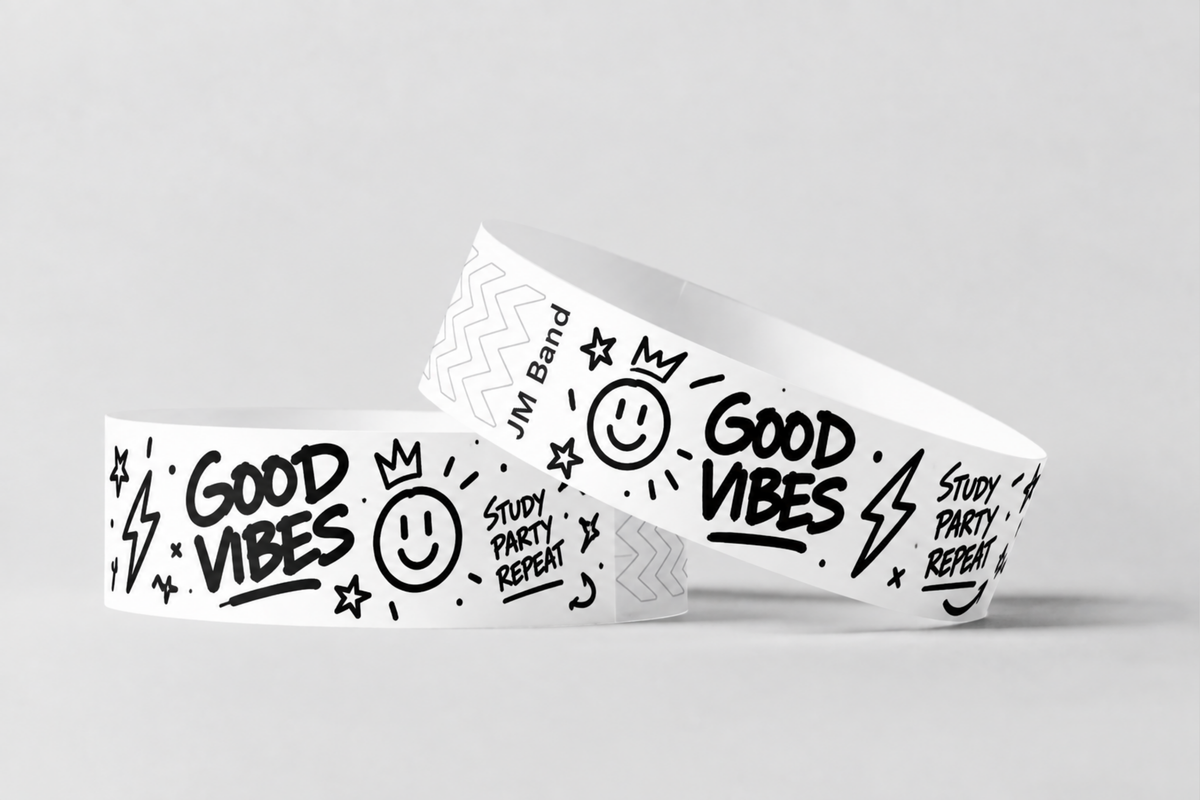 Deux bracelets en papier blancs avec motif doodle imprimé en noir