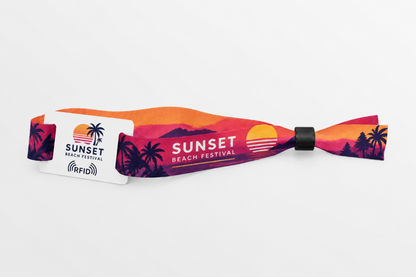 Bracelet RFID en tissu rPET avec impression orange de festival de plage au coucher du soleil