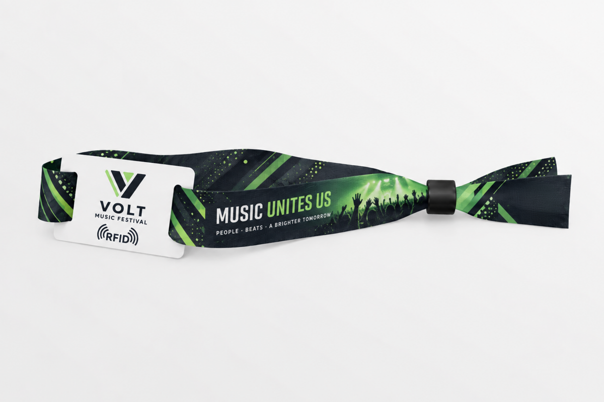 Bracelet RFID en tissu rPET avec impression vert foncé de festival de musique