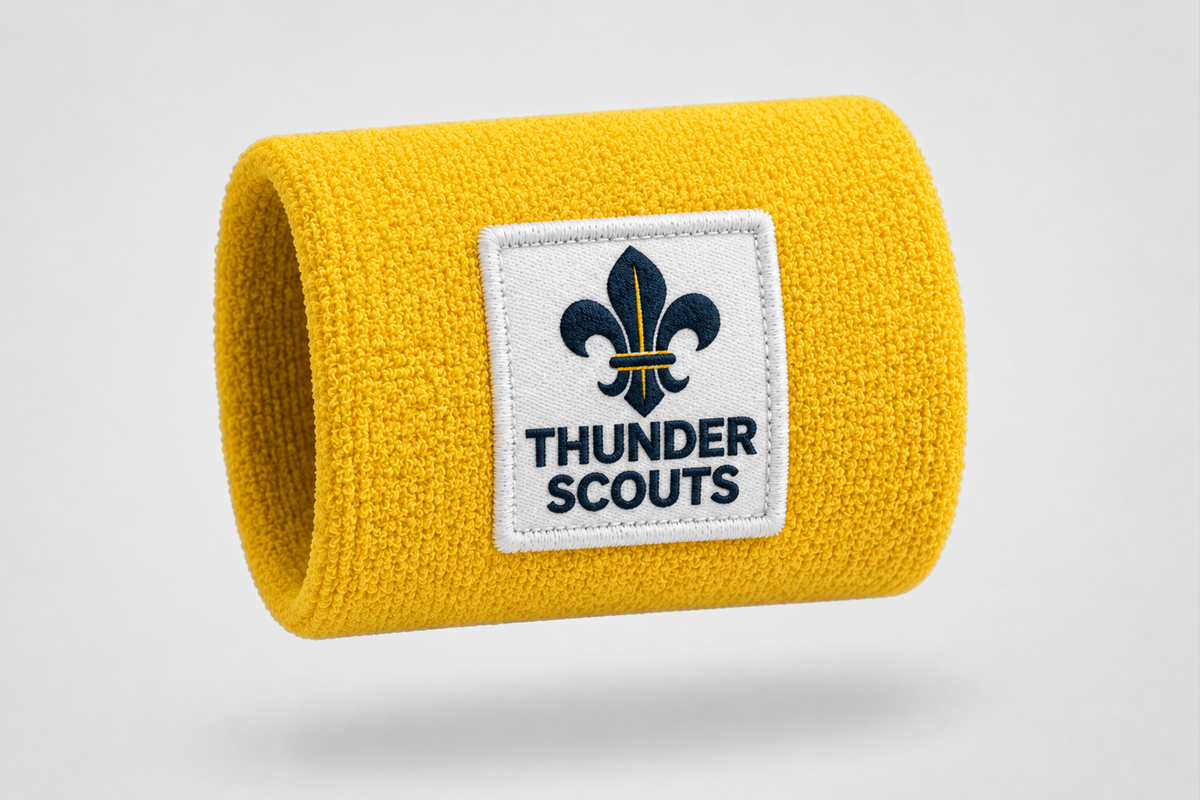 Yellow sweatband with embroidered logo and text – sweatband with custom design from JM Band®