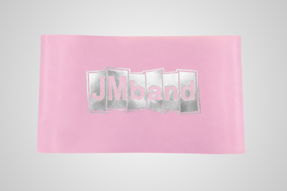 Een afbeelding van een roze lint met zilverkleurige thermische foliedruk van JM Band®.
